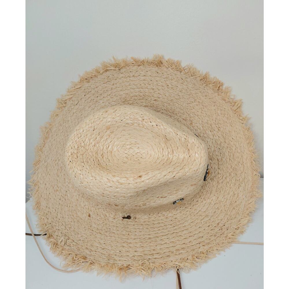 Steve Madden Embellished Straw Sun Hat Frayed Wide Brim Jeweled Boho Beach O/S - Picture 12 of 13